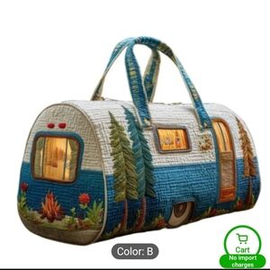Quilted Blue Camper Travel Duffel Bag with Scenic Embroidery